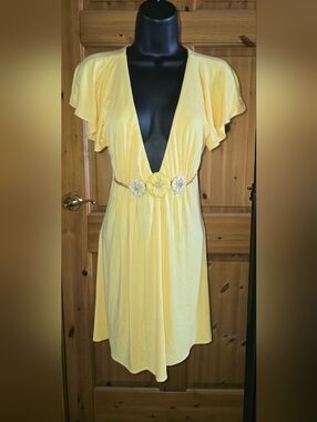 Sky Brand, Yellow V-Neck Floral Belt Dress